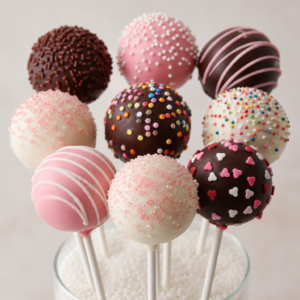 Bouquet of colorful cake pops arranged in a glass container, featuring pink, white, and chocolate-coated treats decorated with sprinkles, drizzle, and heart-shaped toppings against a soft neutral background.