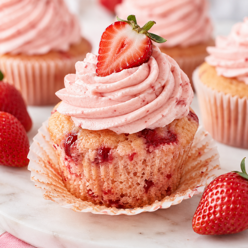 Fresh strawberry cupcake with strawberry buttercream frosting, real strawberry pieces, and a sliced strawberry garnish.
